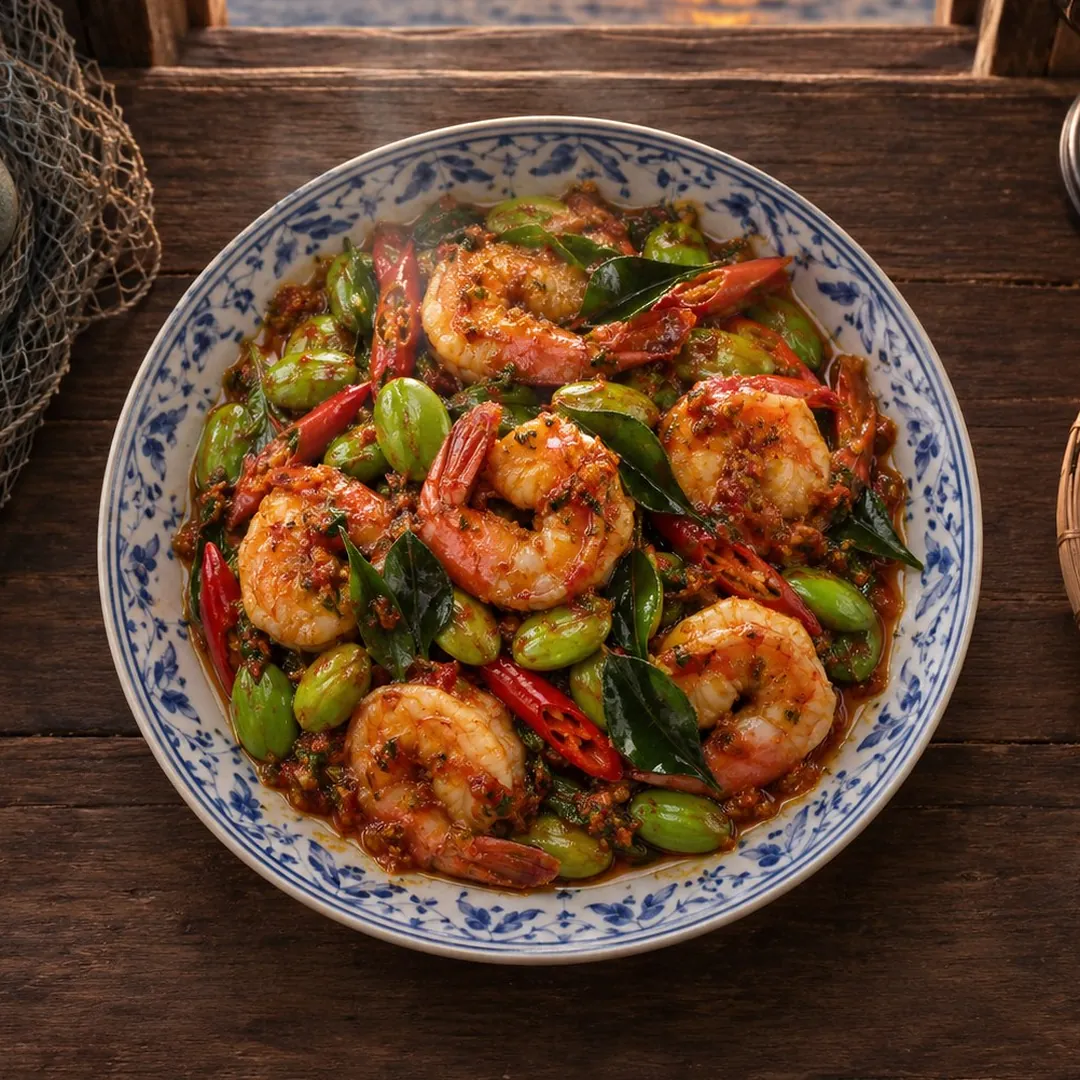 ผัดเผ็ดกุ้งสะตอ อาหารภูเก็ต