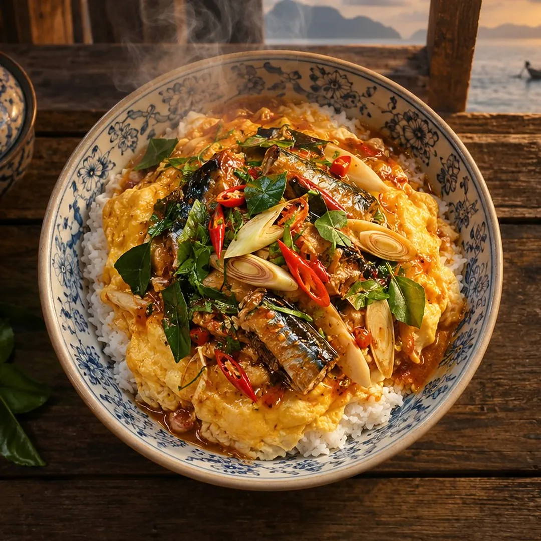 ข้าวไข่ข้นต้มยำปลากระป๋อง อาหารภูเก็ต