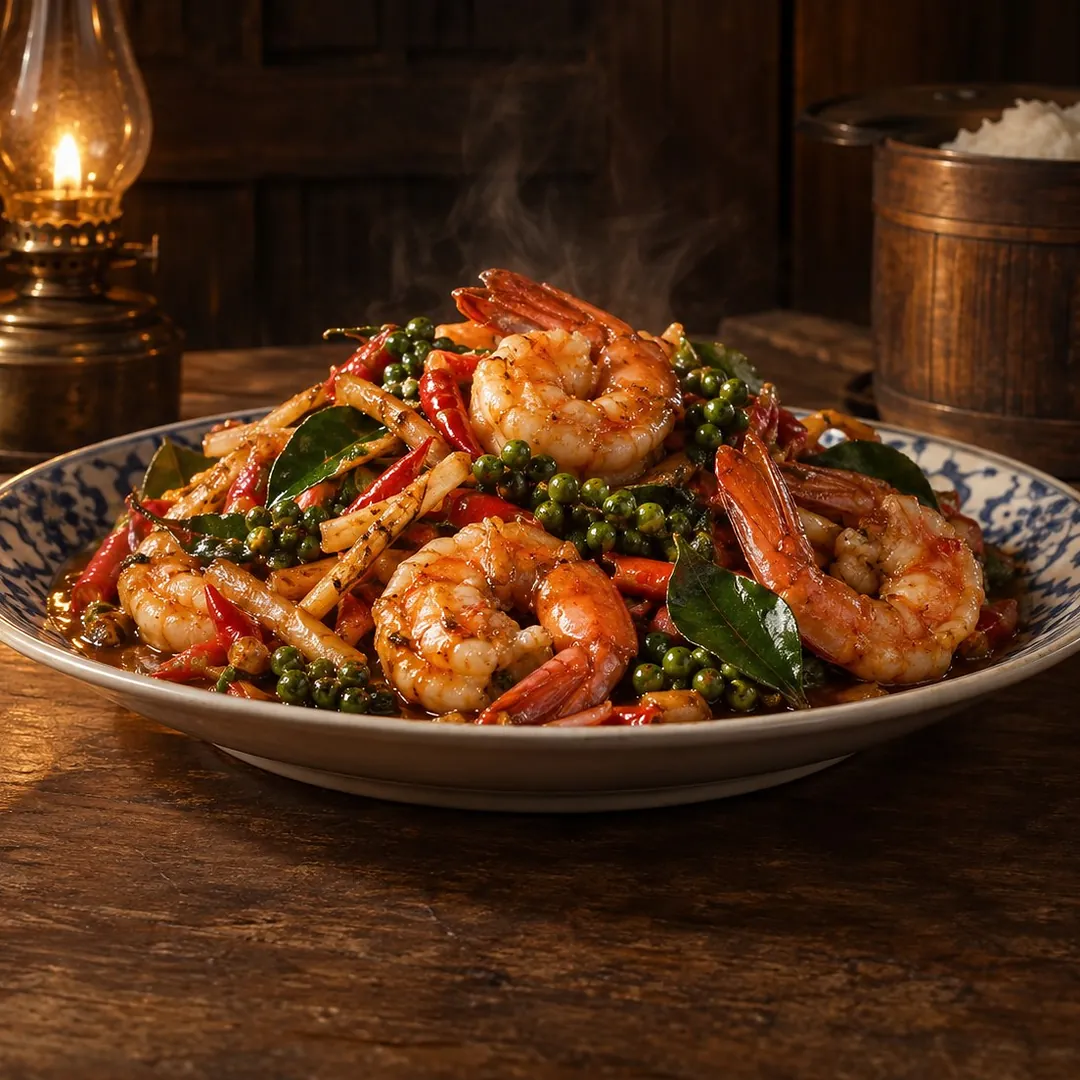 ผัดเผ็ดกุ้งพริกไทยอ่อน อาหารภูเก็ต