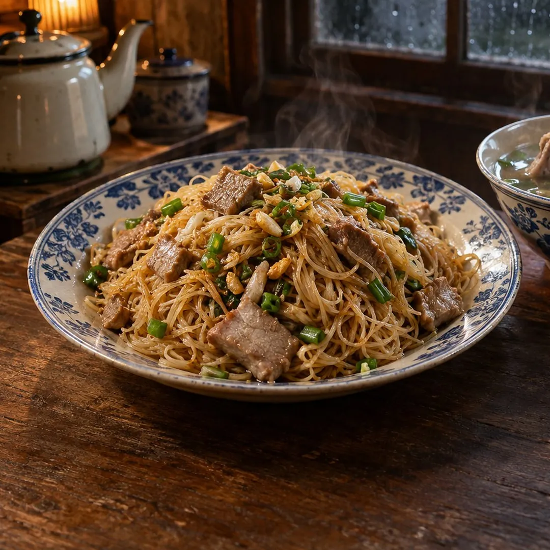 หมี่หุ้นผัดซีอิ๊วภูเก็ตกับซุปกระดูกหมู อาหารภูเก็ต