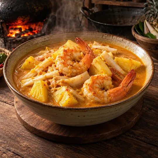 แกงส้มกุ้งสับปะรดกับยอดมะพร้าว