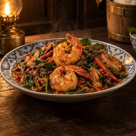ผัดเผ็ดกุ้งใบยี่หร่า