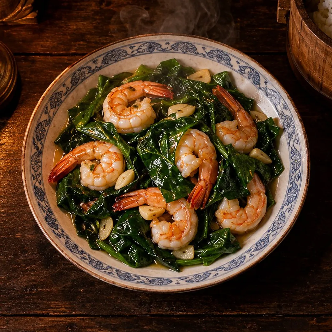กุ้งผัดใบเหลียง อาหารภูเก็ต