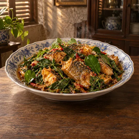 ผัดเผ็ดปลากระบอกใบยี่หร่า