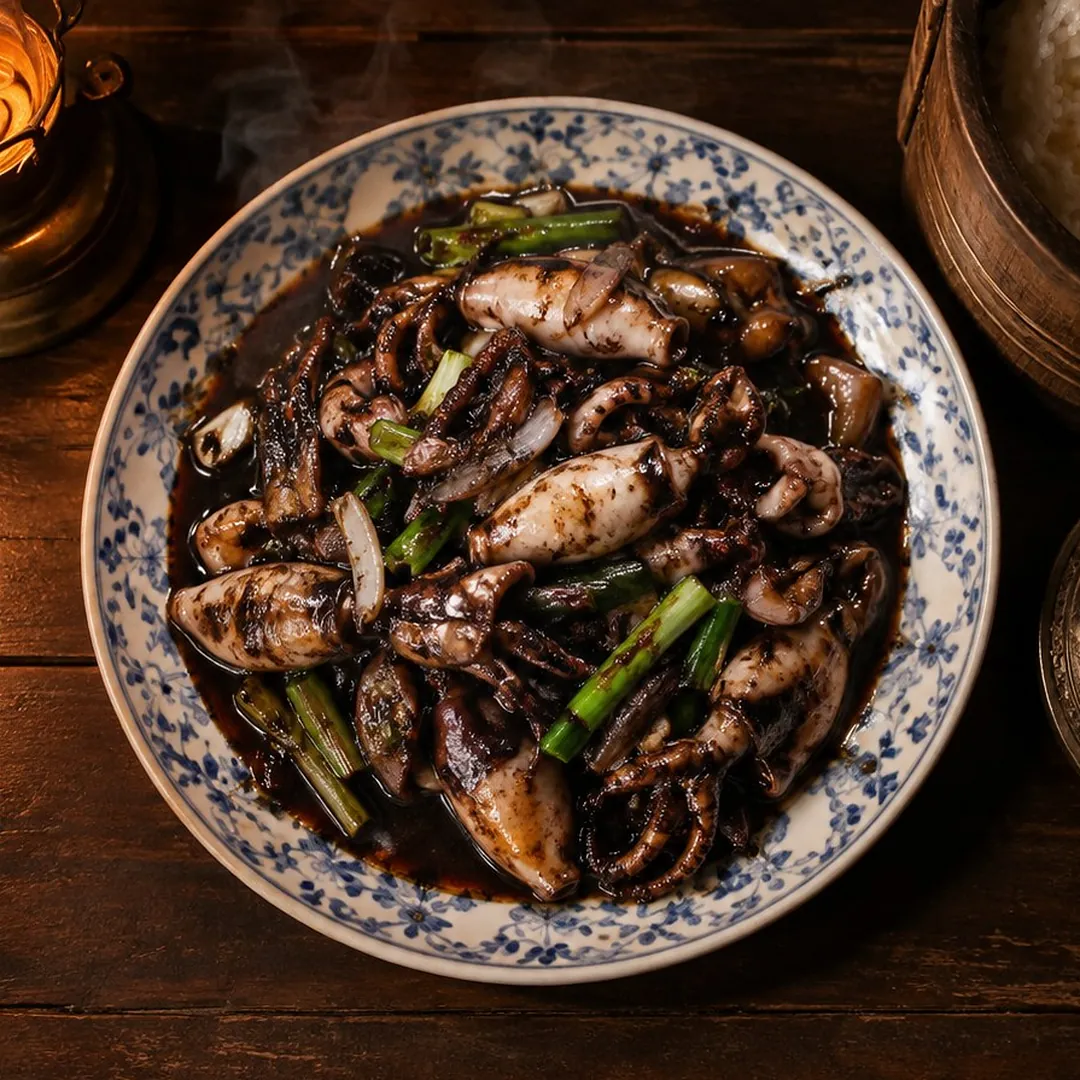 หมึกผัดน้ำดำ อาหารภูเก็ต