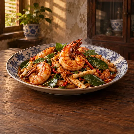 ผัดเผ็ดกุ้งลายเสือยอดมะพร้าว