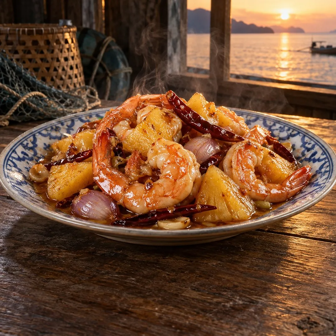 กุ้งผัดน้ำมะขามสับปะรดภูเก็ต อาหารภูเก็ต