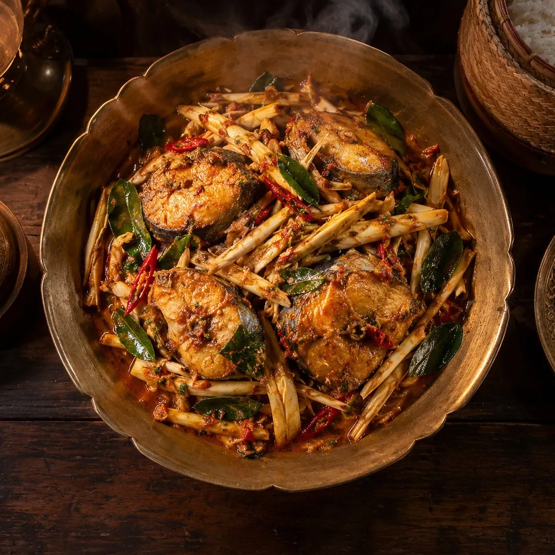 ผัดเผ็ดปลาอินทรียอดมะพร้าว อาหารภูเก็ต