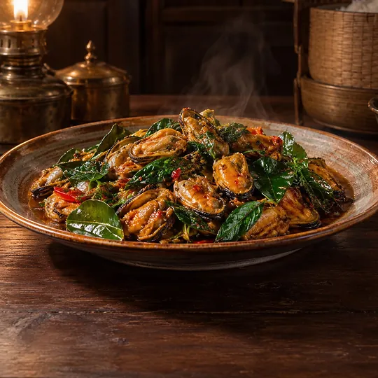 ผัดเผ็ดหอยแมลงภู่ใบยี่หร่า
