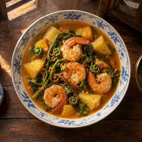 แกงส้มกุ้งสับปะรดกับผักกูด