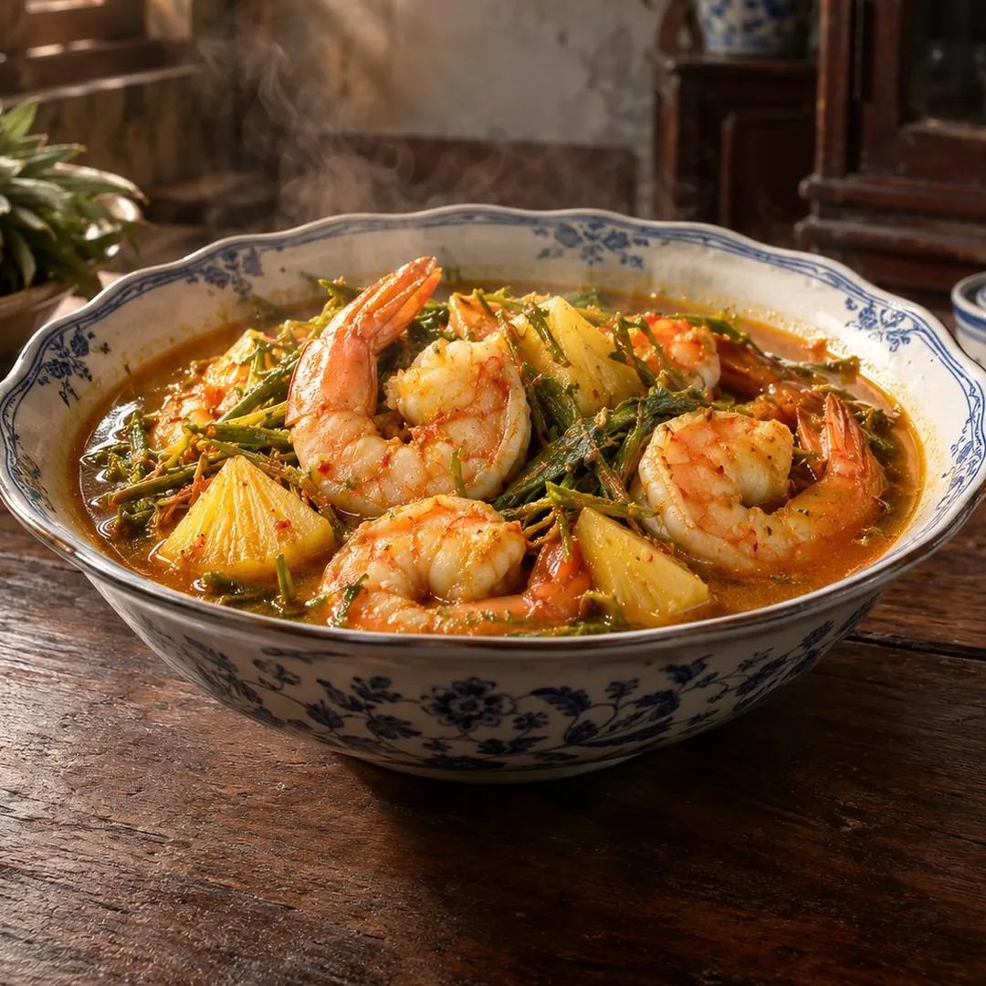 แกงส้มกุ้งใบมะขามอ่อนกับสับปะรดภูเก็ต อาหารภูเก็ต