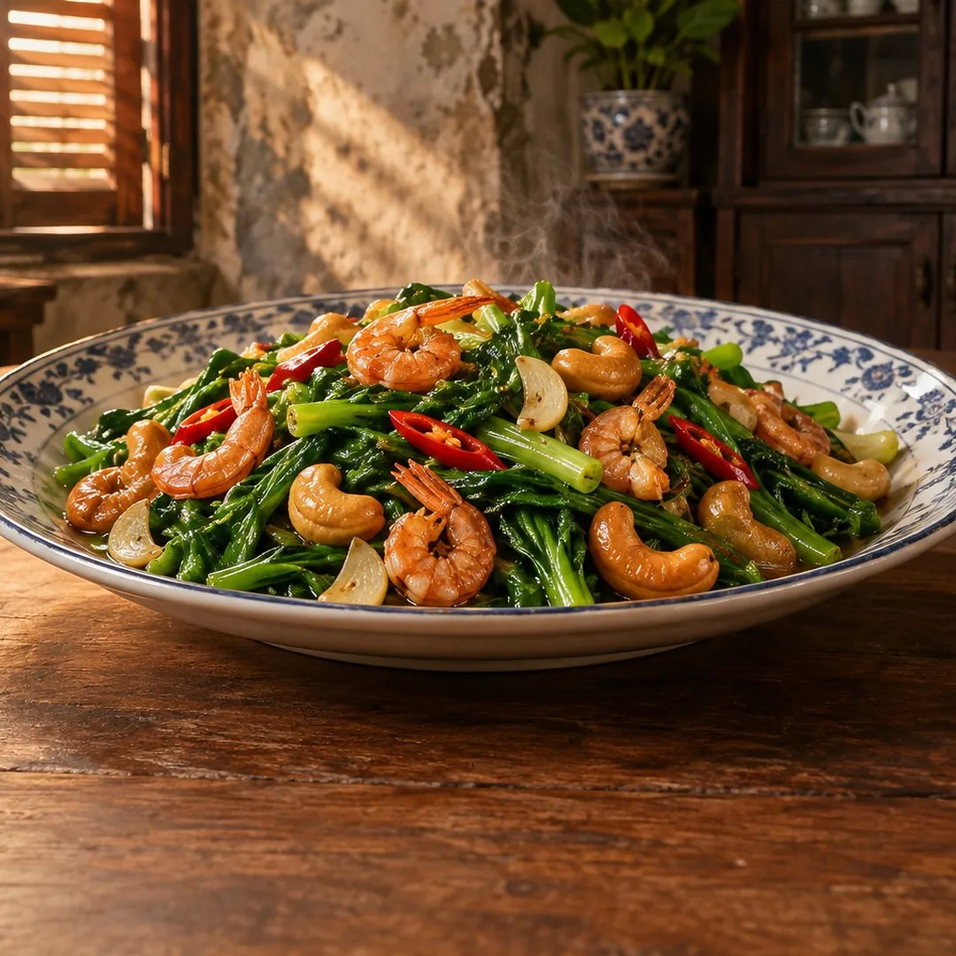 ผัดผักลิ้นห่านกุ้งเสียบเม็ดมะม่วงหิมพานต์ อาหารภูเก็ต