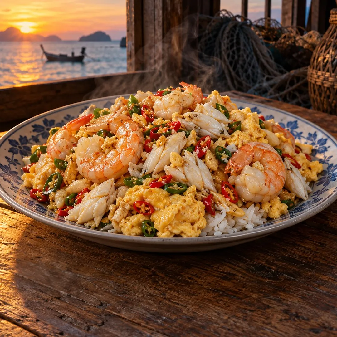 ข้าวกุ้งปูผัดพริกขี้หนูไข่ยู่ยี่ อาหารภูเก็ต