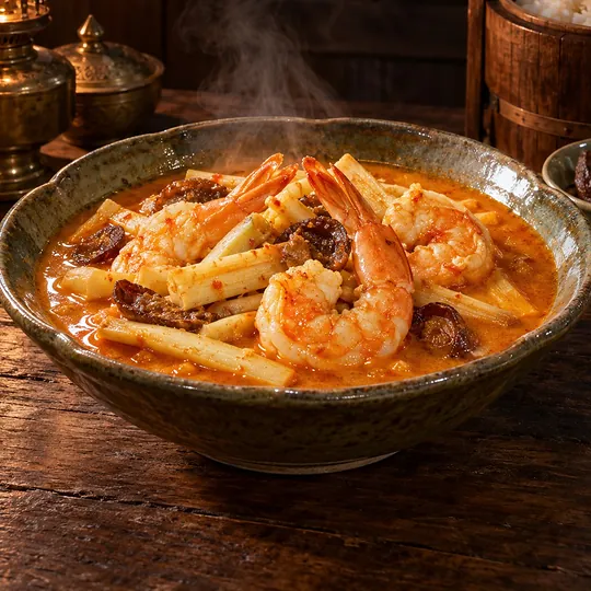 แกงส้มกุ้งยอดมะพร้าวส้มควาย