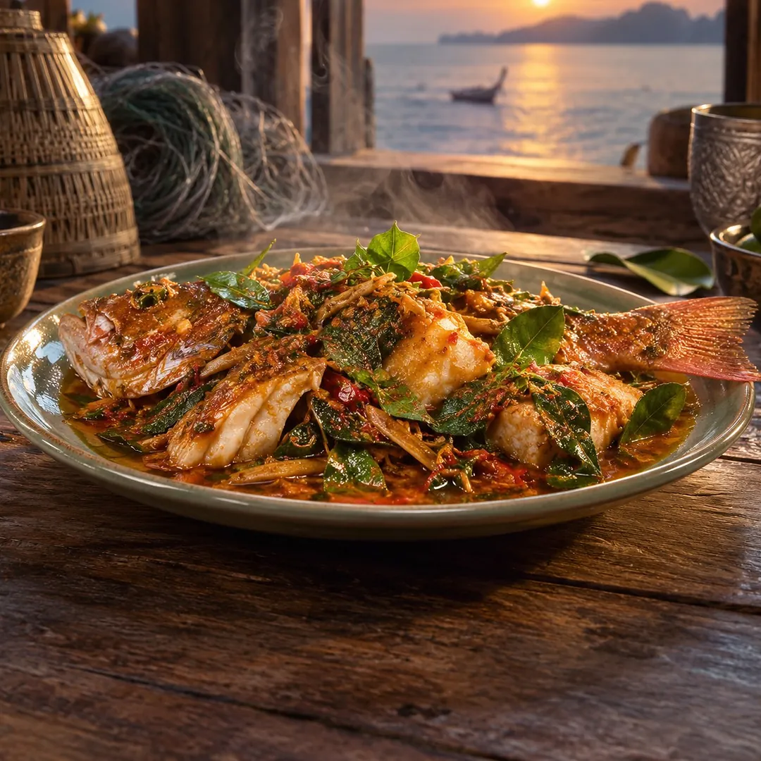ผัดเผ็ดปลากะพงแดงใบยี่หร่า อาหารภูเก็ต