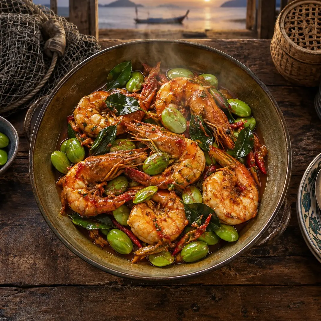 ผัดเผ็ดกุ้งกุลาดำสะตอ อาหารภูเก็ต