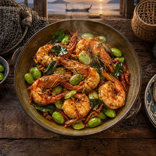 ผัดเผ็ดกุ้งกุลาดำสะตอ