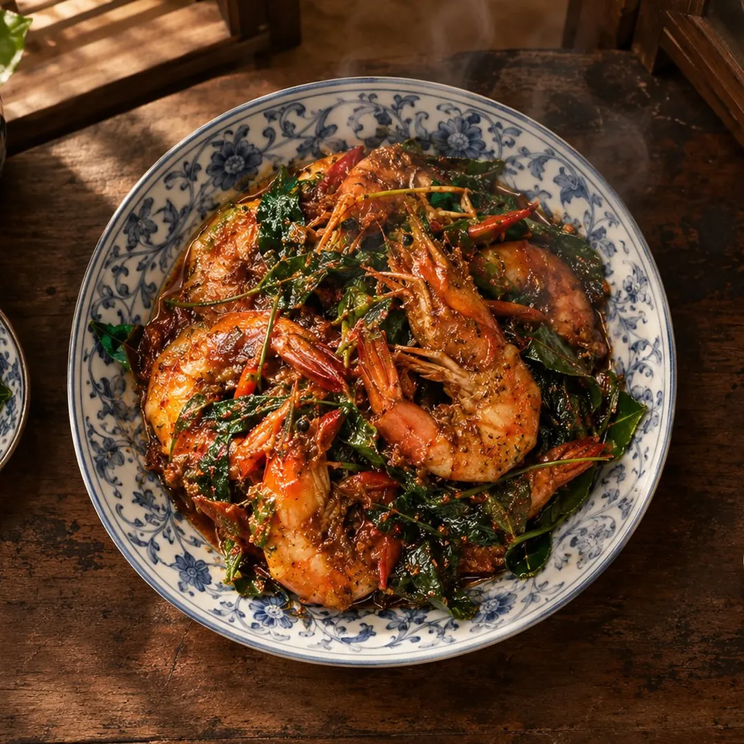 ผัดเผ็ดกุ้งกุลาดำใบยี่หร่า อาหารภูเก็ต