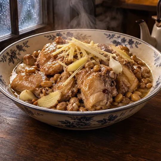 ไก่เต้าเจี้ยวแบบข้าวต้มดีบุก