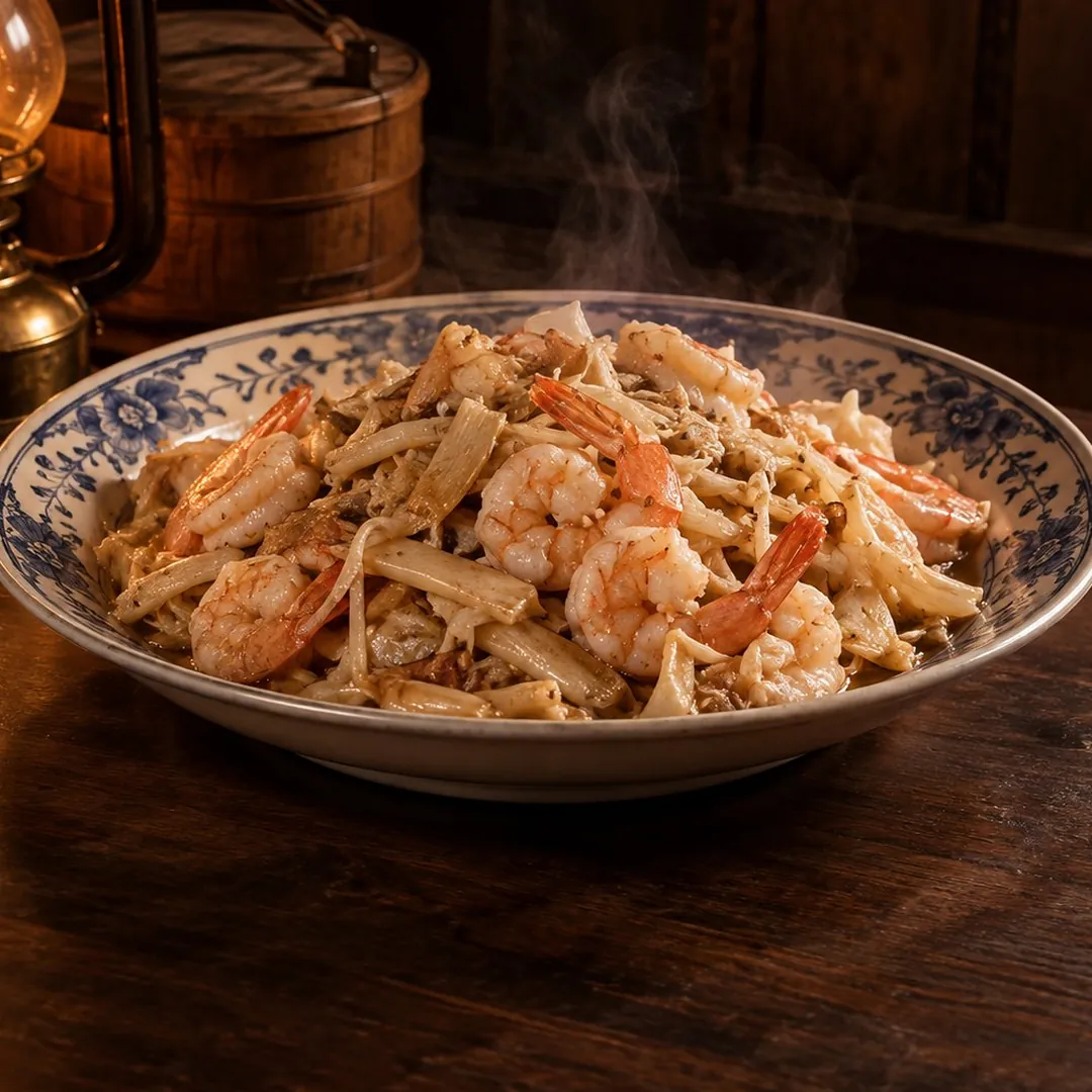 หยวกกล้วยผัดกุ้งเคยแบบถลาง อาหารภูเก็ต