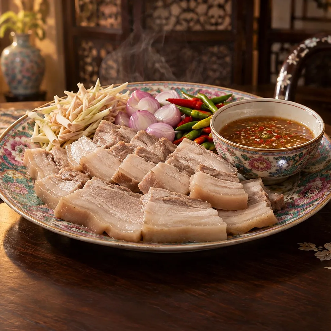หมูสามชั้นนึ่งจิ้มน้ำบูดู อาหารภูเก็ต