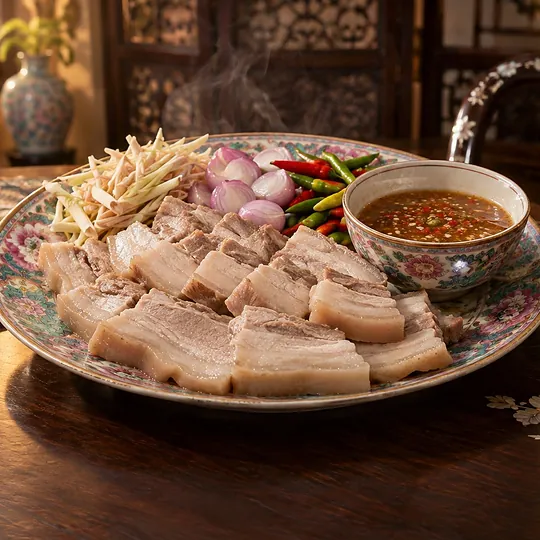 หมูสามชั้นนึ่งจิ้มน้ำบูดู