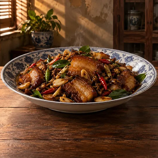 หมูสามชั้นผัดสมุนไพรซีอิ๊วดำหวาน