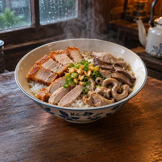 ข้าวต้มแห้งหมูกรอบเครื่องในภูเก็ต