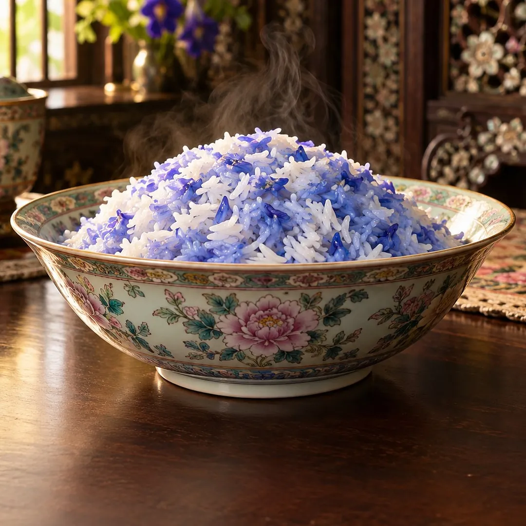 ข้าวสวยดอกอัญชันแบบภูเก็ต อาหารภูเก็ต