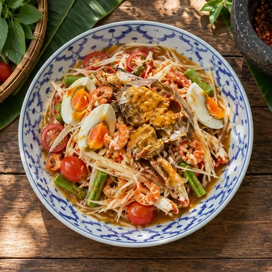 ส้มตำมันปูนาไข่เค็มไชยากุ้งเสียบ