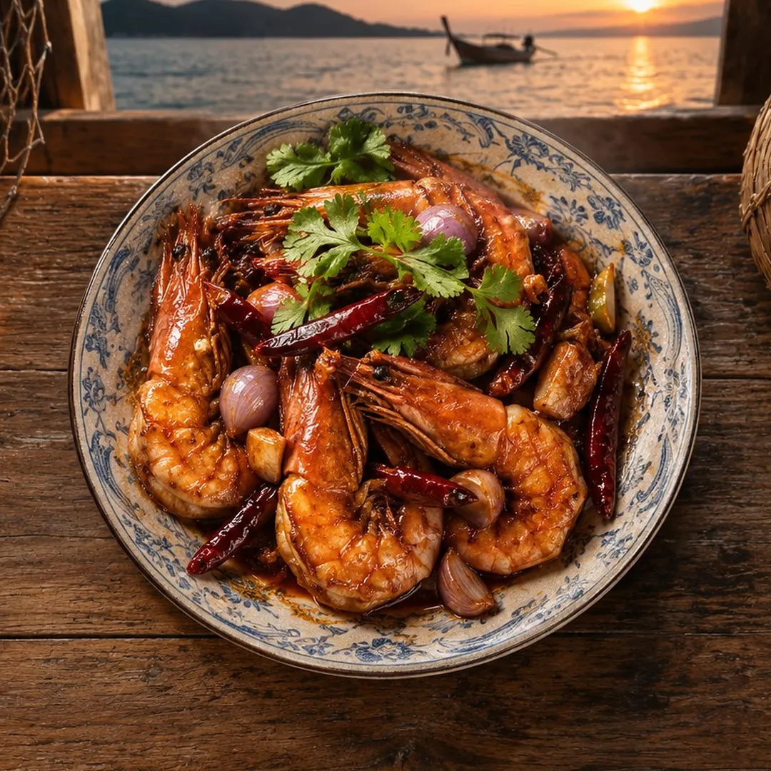 กุ้งผัดซอสมะขามแบบโกซ้ง อาหารภูเก็ต